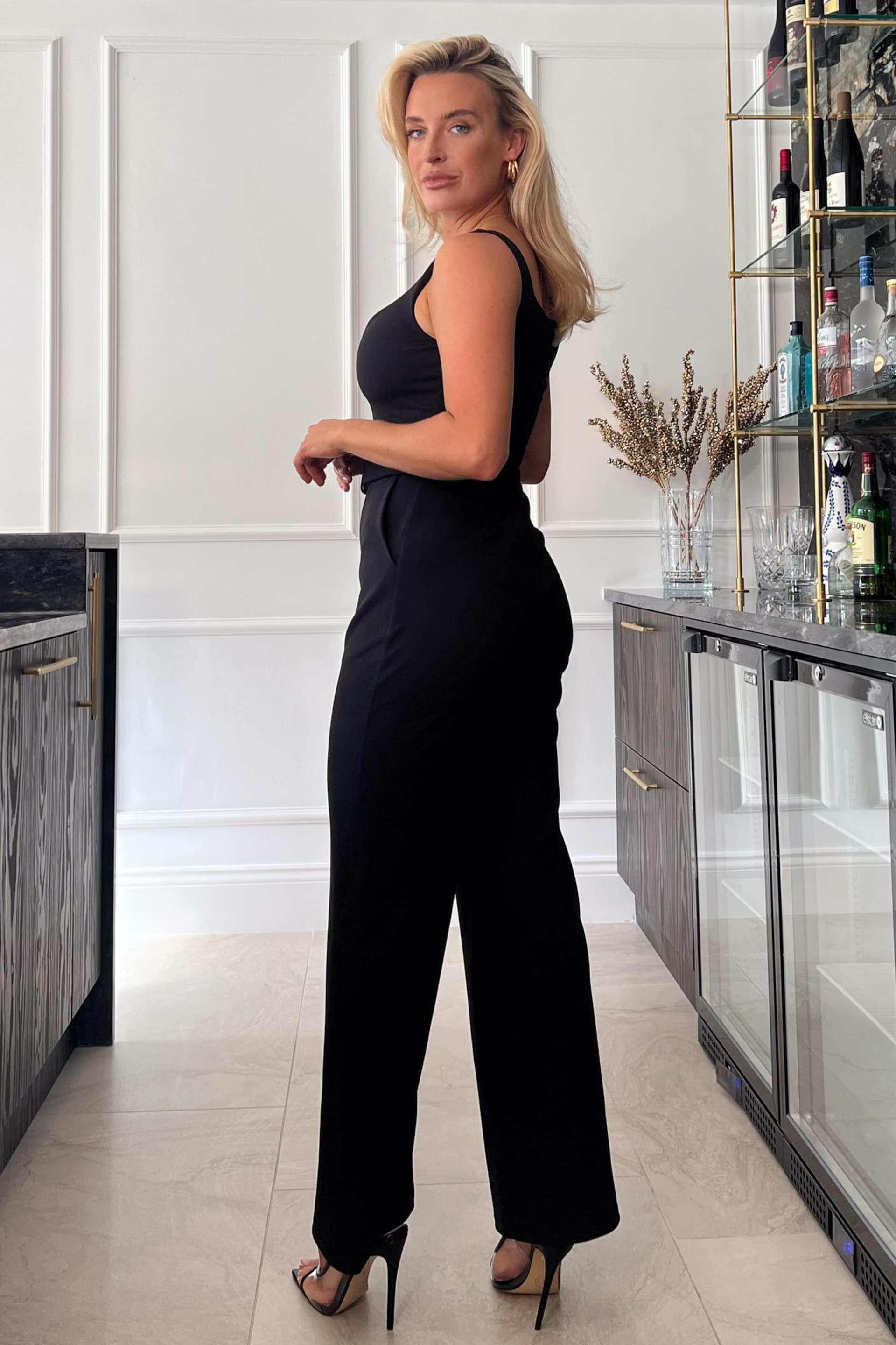 Girl In Mind Black Matilda Plunge Neck Wide Leg Belted Jumpsuit - Image 2 of 4