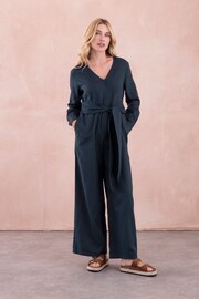 Celtic & Co. Blue Linen Tie Waist Jumpsuit - Image 1 of 9