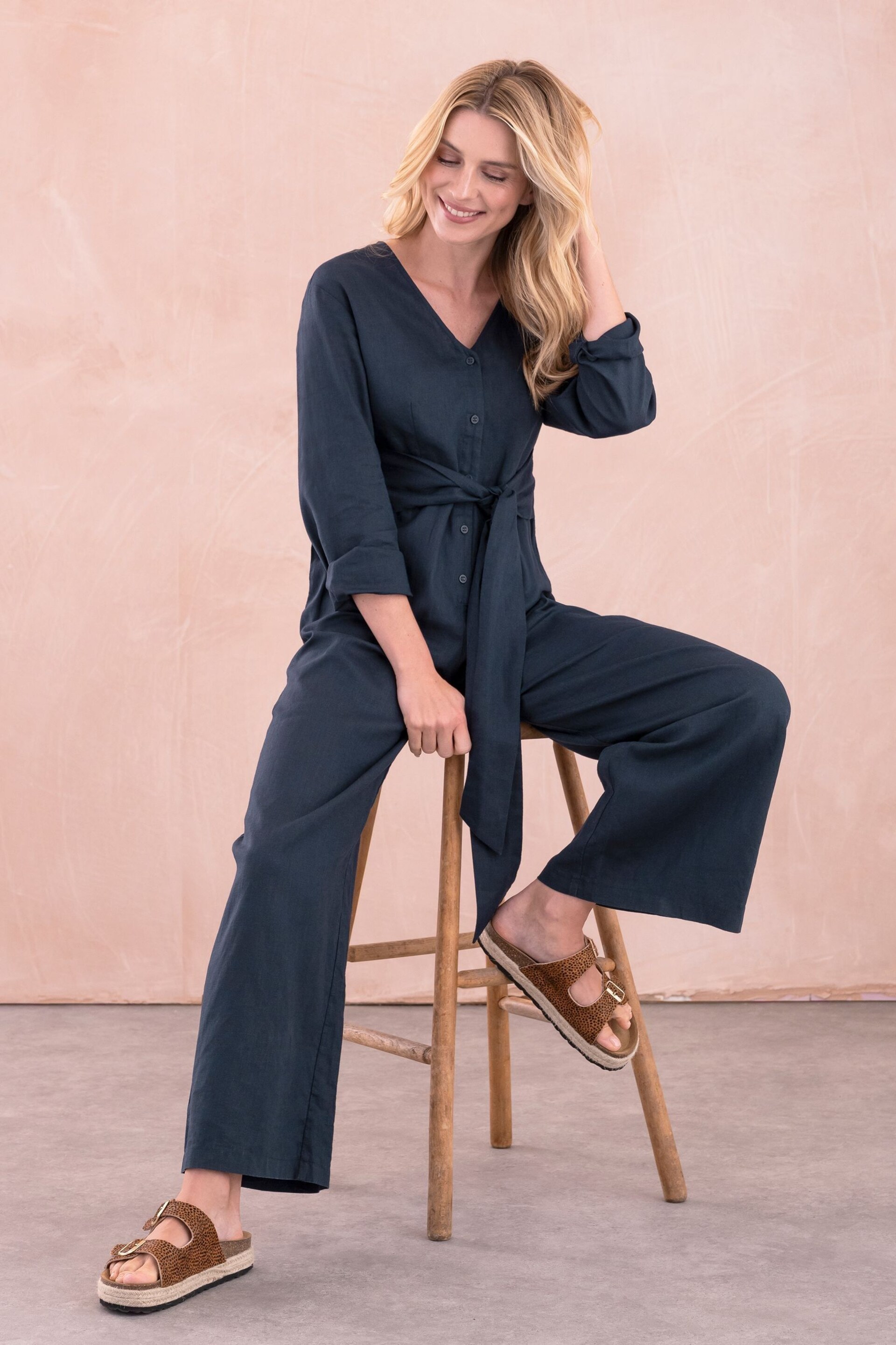 Celtic & Co. Blue Linen Tie Waist Jumpsuit - Image 3 of 9