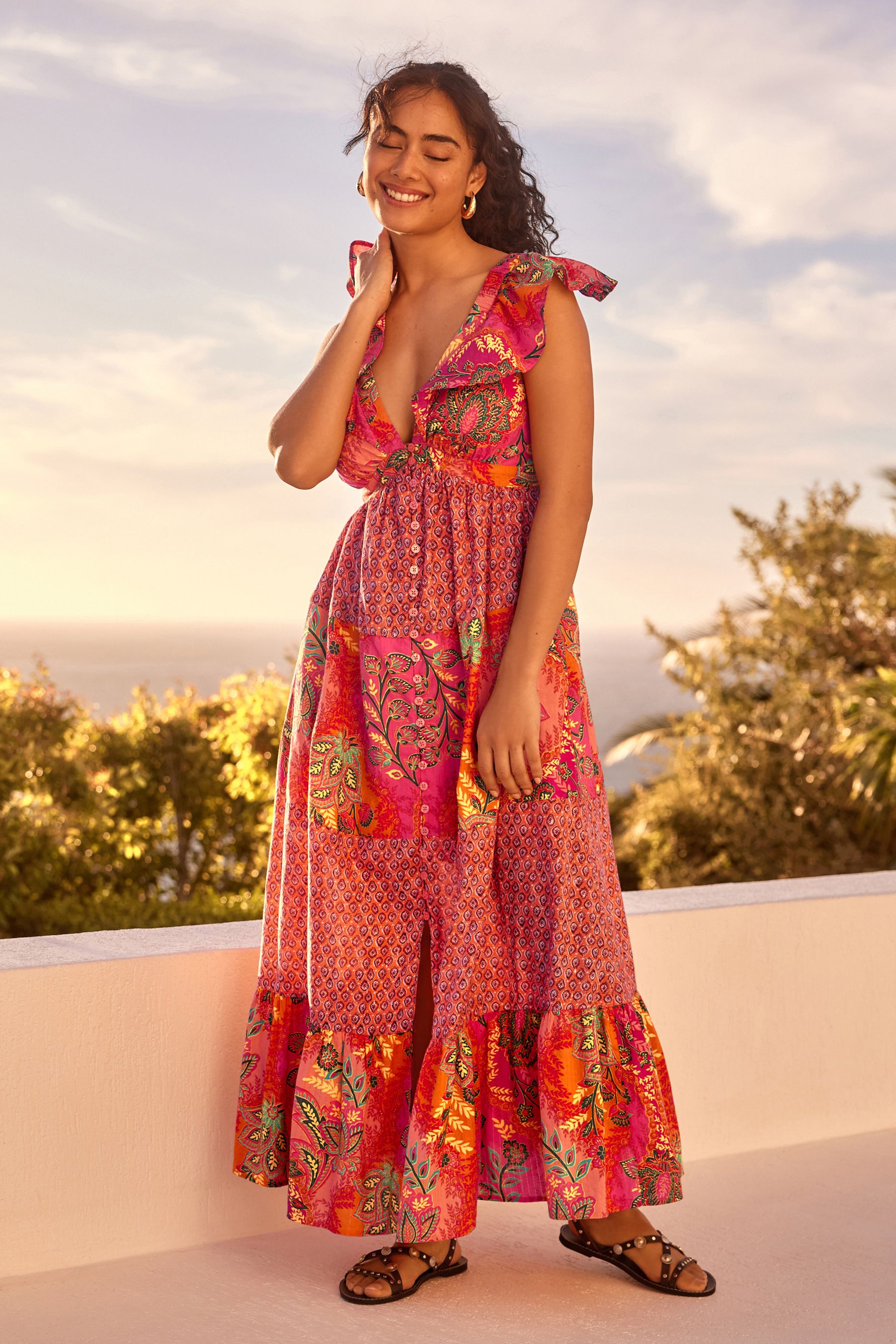 Buy Bright Pink Red Frill Sleeve Summer Dress from Next Luxembourg