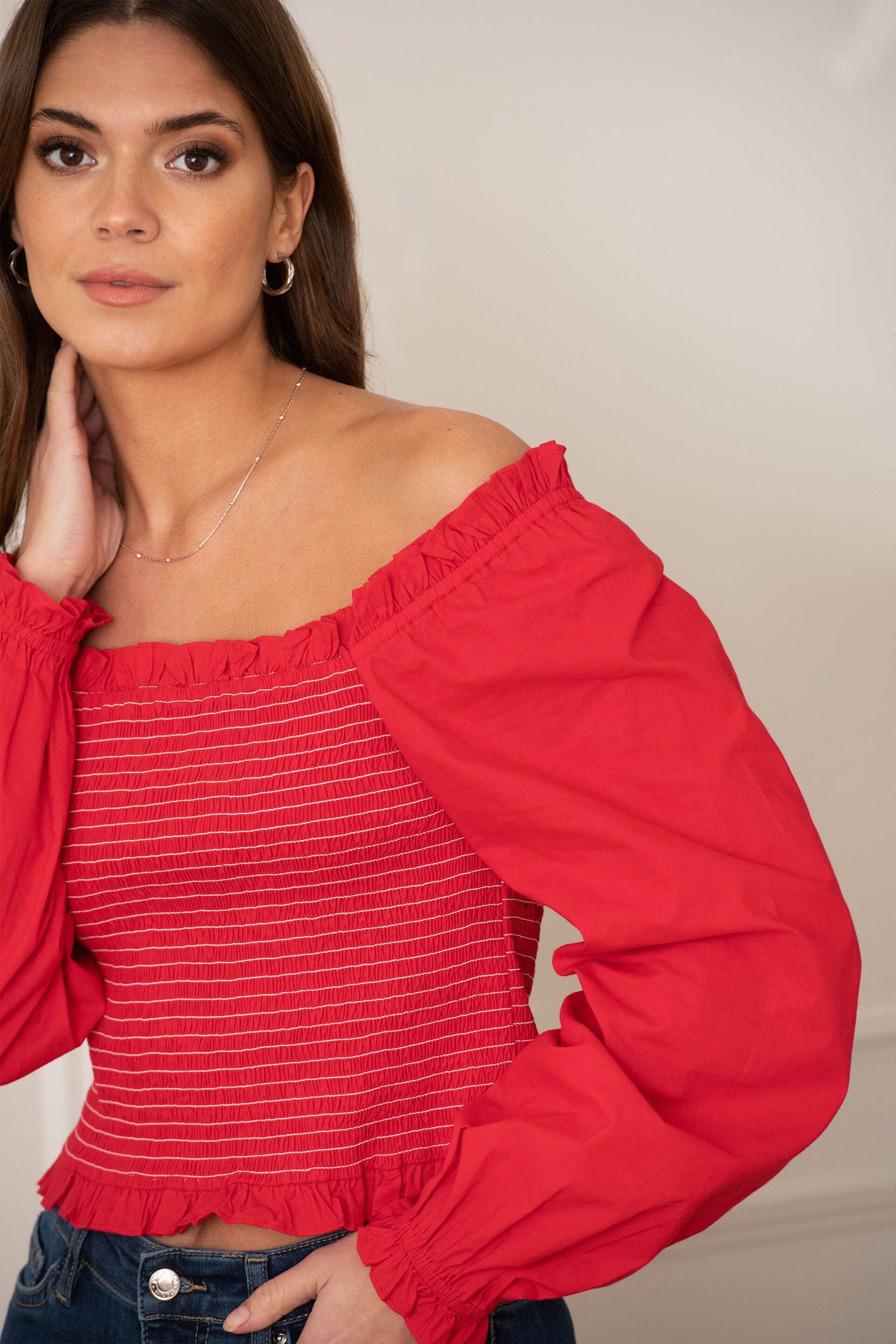 Pour Moi Red Rachel Cotton Shirred Bodice Long Sleeve Top - Image 1 of 5