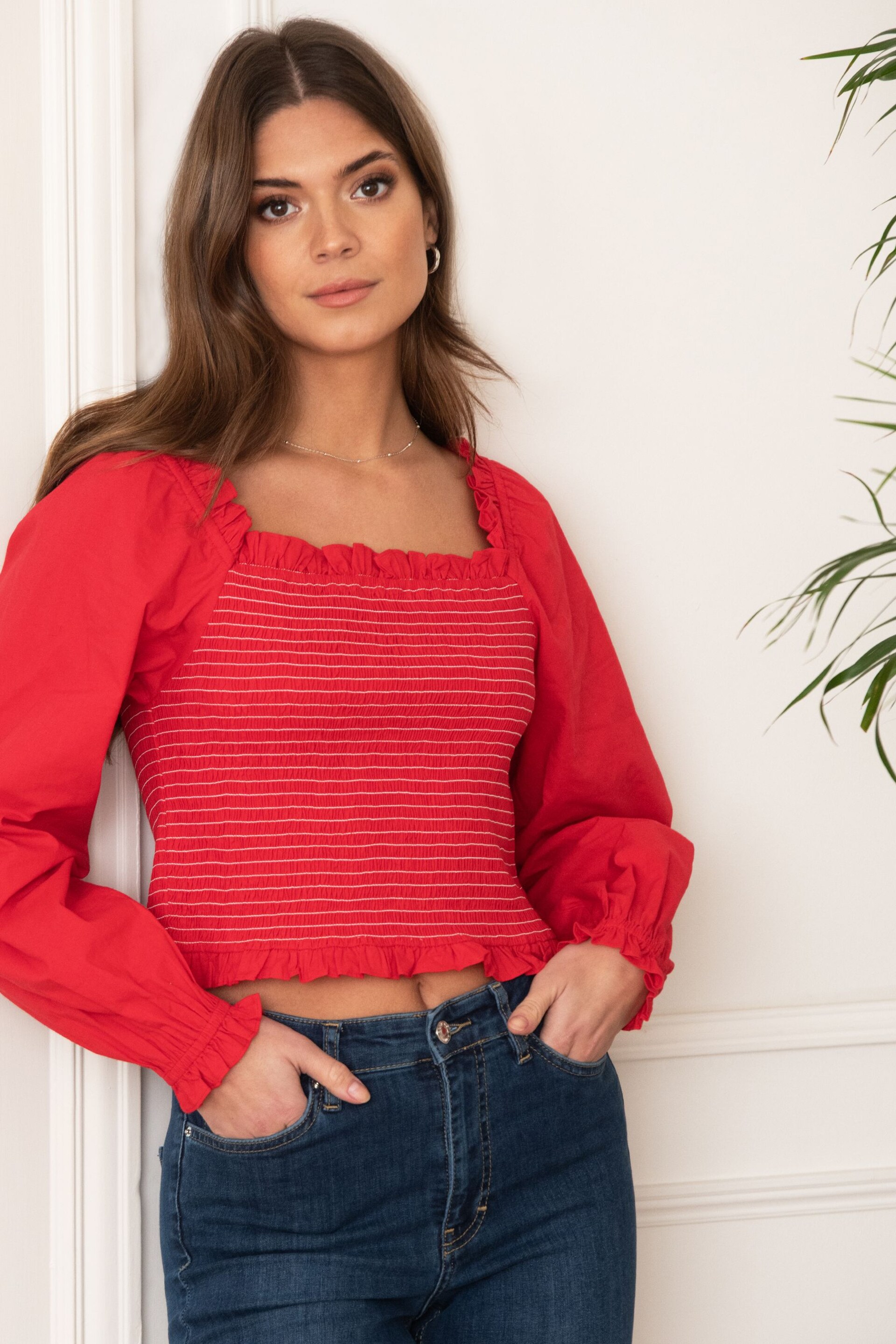 Pour Moi Red Rachel Cotton Shirred Bodice Long Sleeve Top - Image 2 of 5