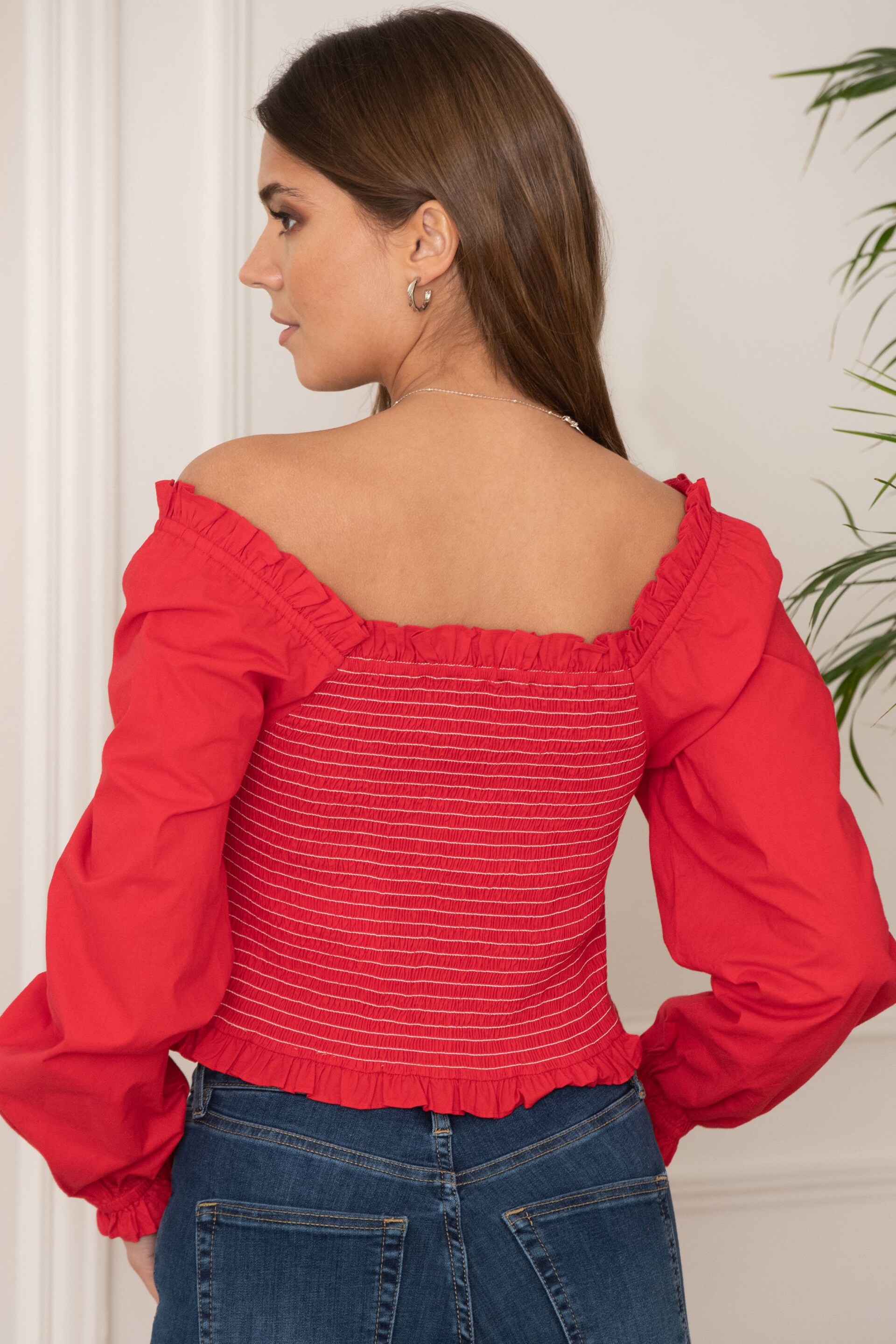 Pour Moi Red Rachel Cotton Shirred Bodice Long Sleeve Top - Image 3 of 5
