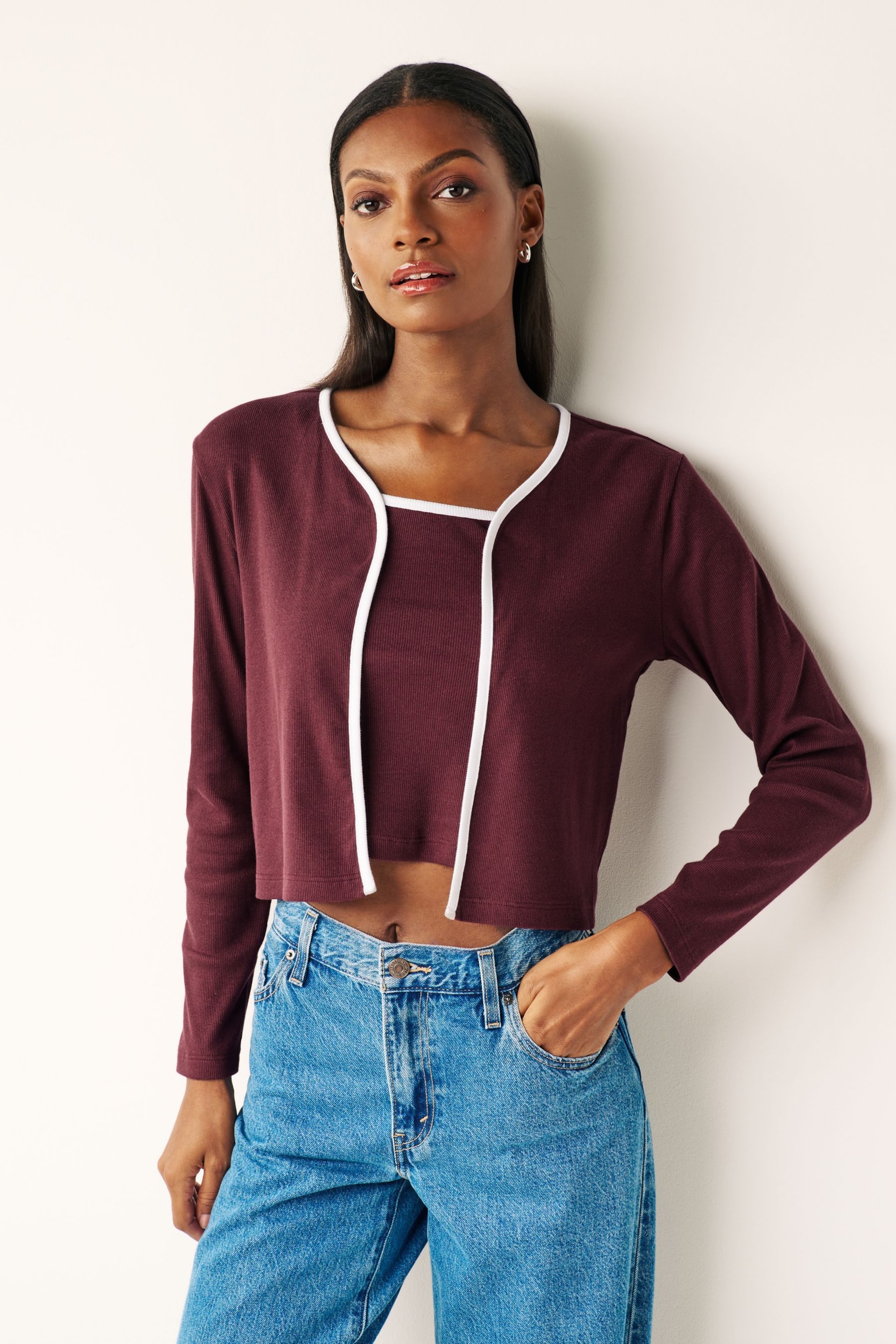 Berry Red Piped Knit Cardigan Set - Image 1 of 7
