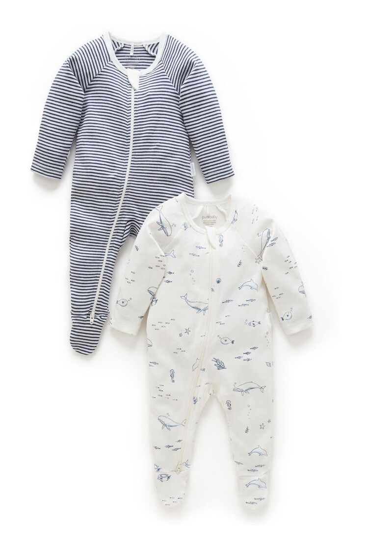 Purebaby Light Blue 100% Cotton Zip Baby Sleepsuits 2 Pack - Image 1 of 8