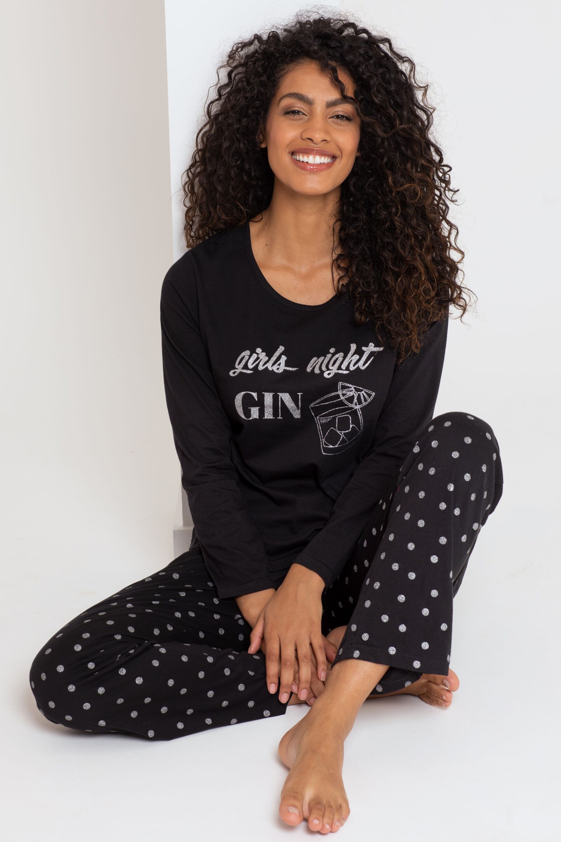 Pour Moi Black Girls Night Gin Cotton Jersey Pyjamas Set - Image 4 of 8
