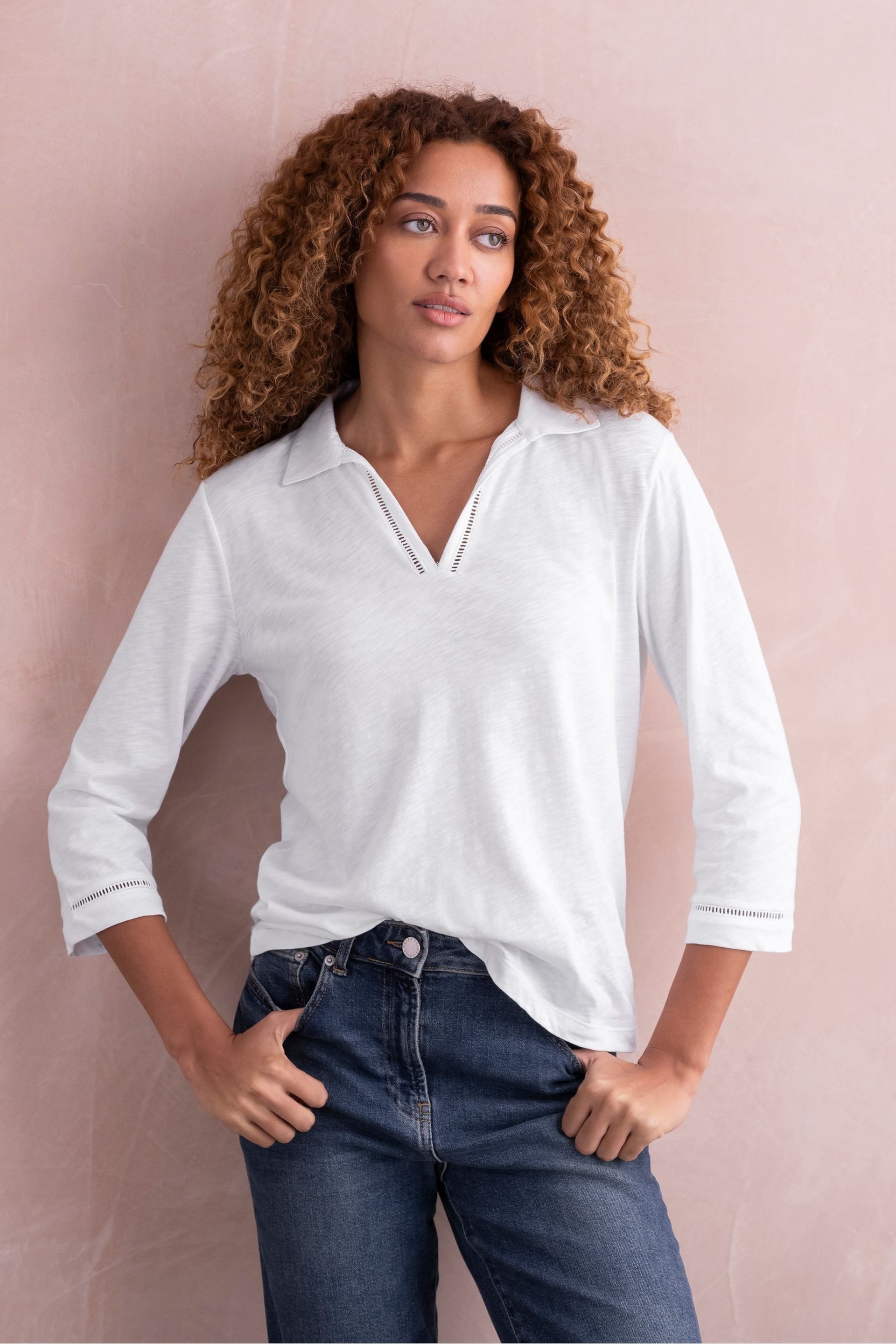 Celtic & Co. Organic Cotton Jersey Trim Detail White Polo Top - Image 2 of 5