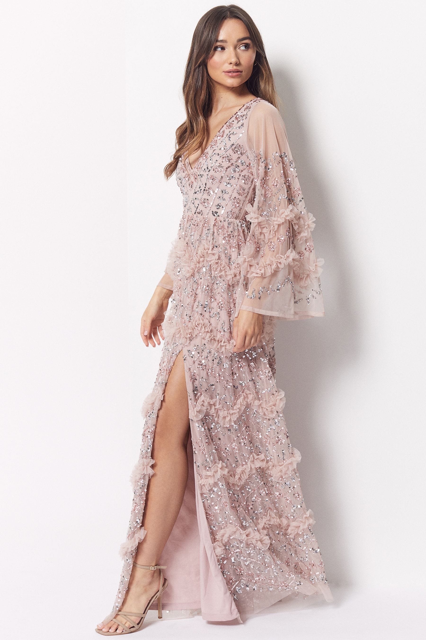 Buy Maya Pink Embellished Long Sleeve Split Maxi Dress from the