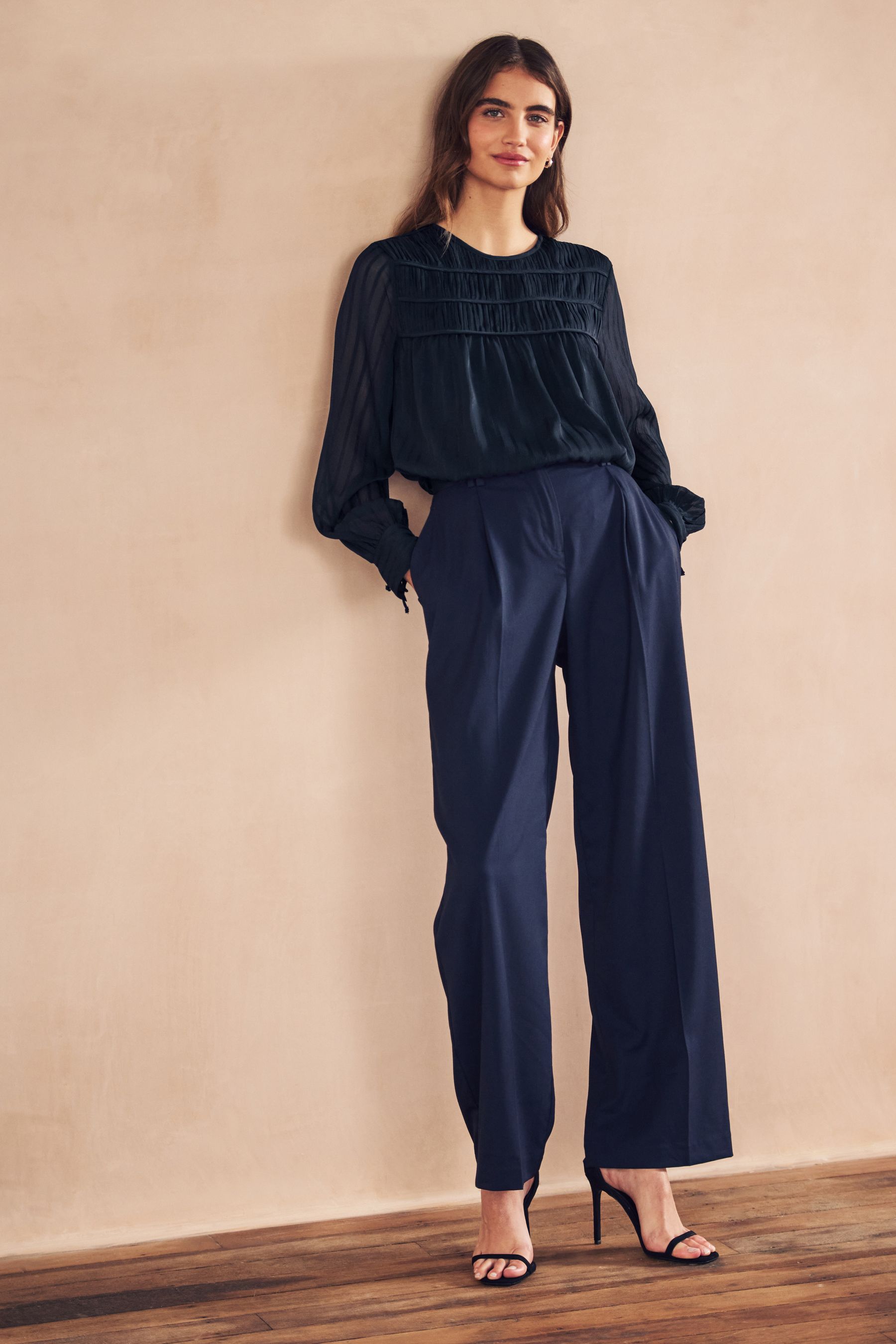 Buy Navy Sheer Pintuck Pleated Blouse from Next Luxembourg