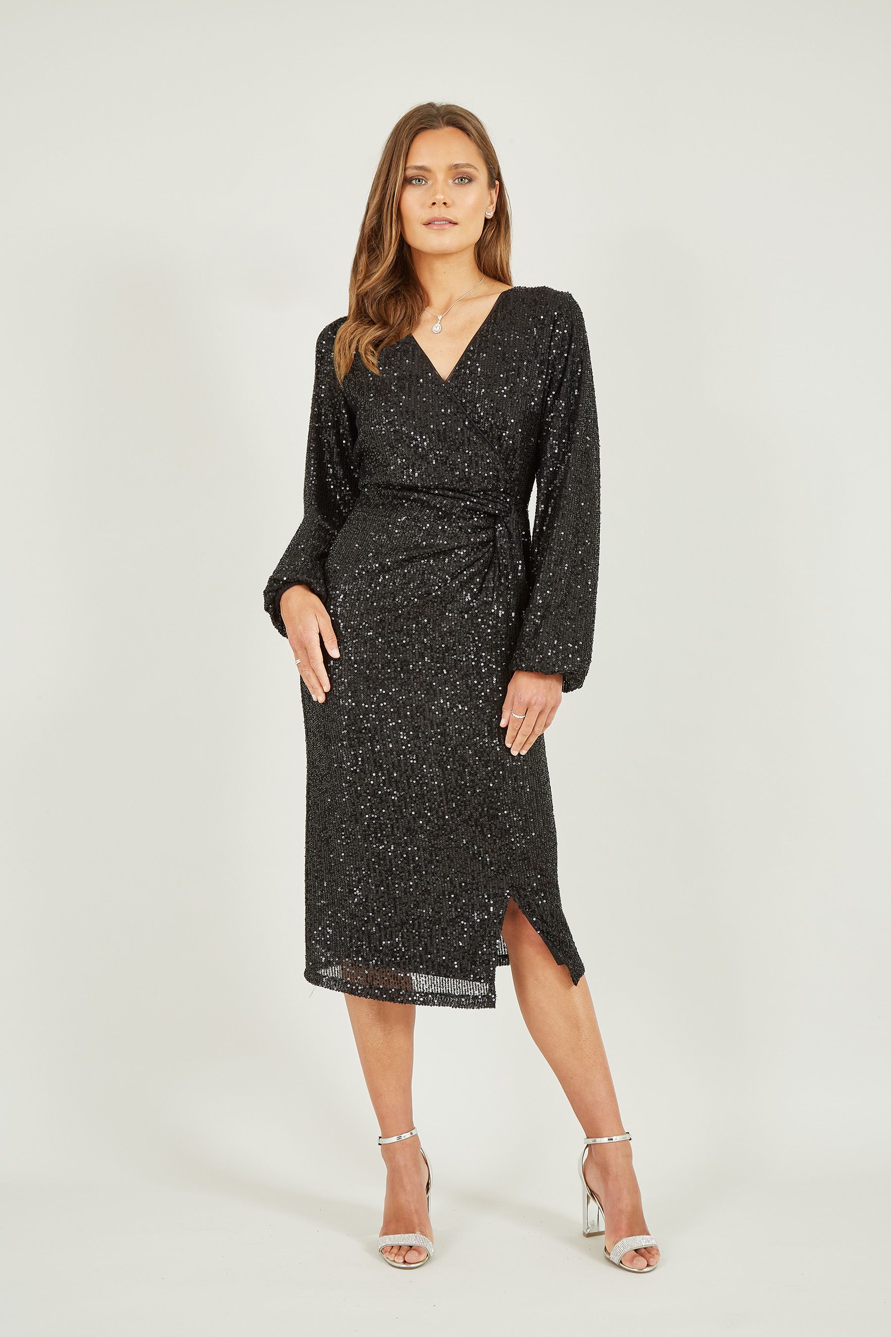 Buy Yumi Black Sequin Ruched Wrap Long Sleeve Dress from Next Luxembourg