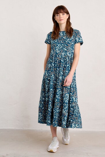 Seasalt Cornwall Blue Tall Line Strokes Short Sleeve Dress