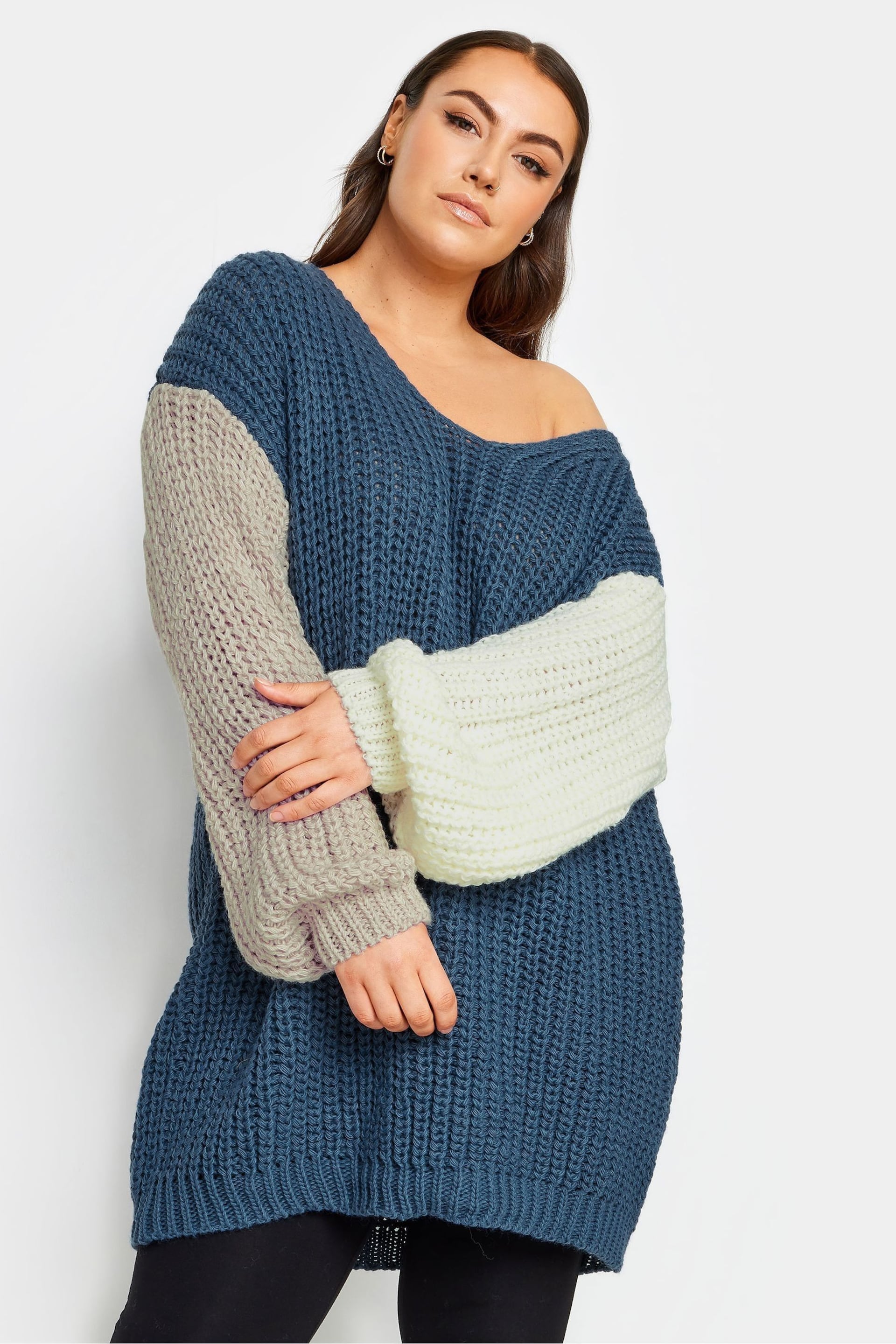 Yours Curve Blue Colour Block Knitted Jumper - Image 1 of 4