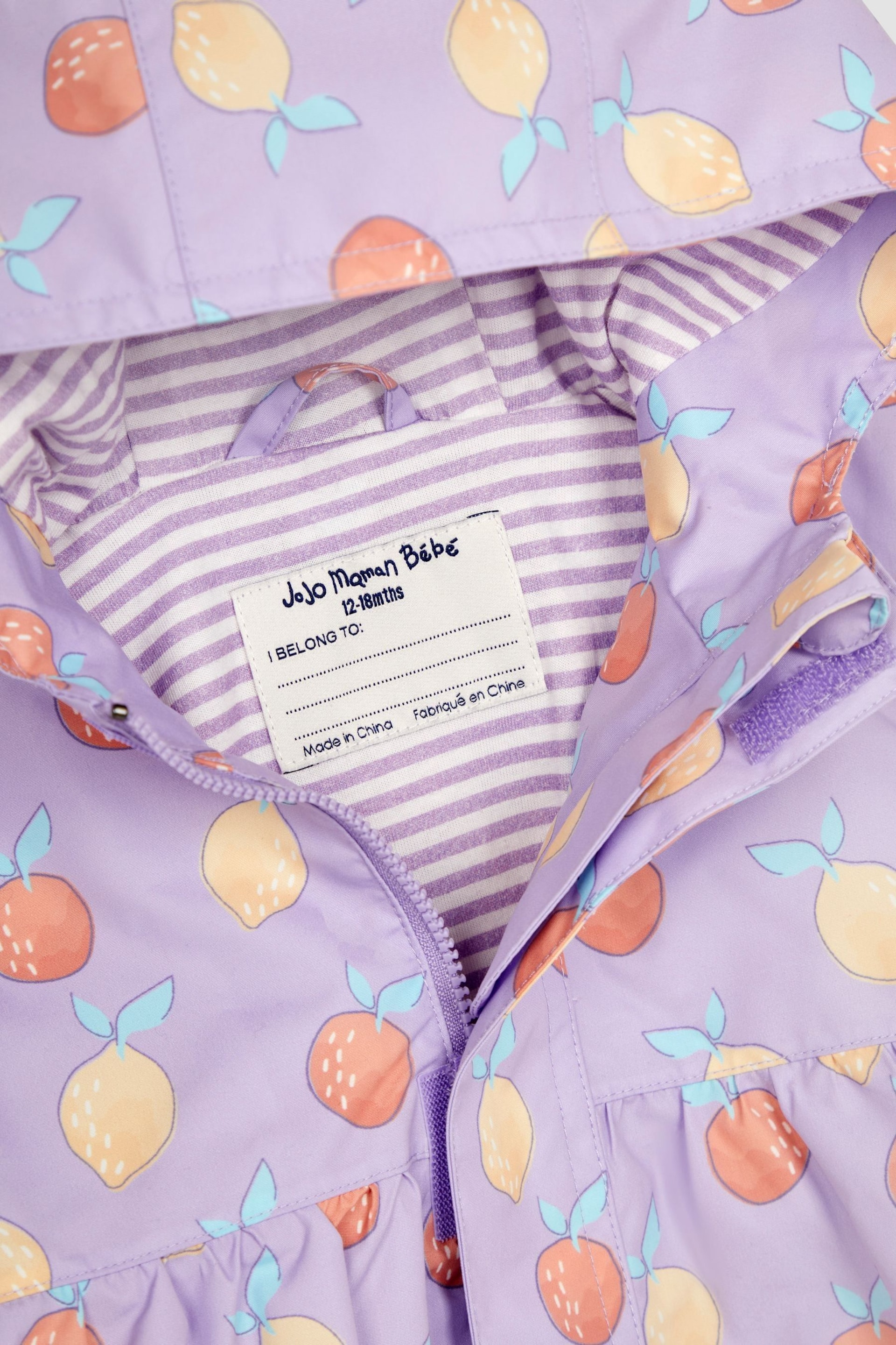 JoJo Maman Bébé Lilac Fruit Print Gathered Waterproof Jacket - Image 6 of 6