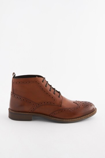 Tan Brown Leather Brogue Ankle Boots