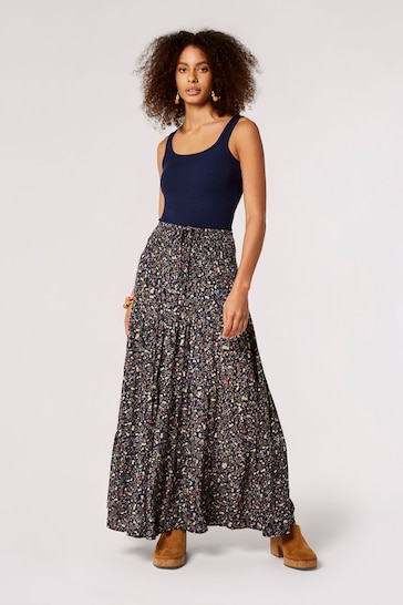 Apricot Navy Blue Multi Forest Floral Tiered Maxi Dress