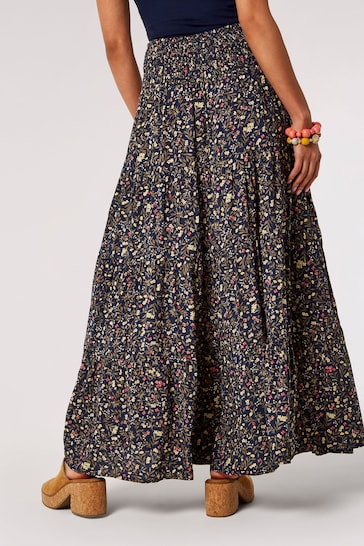 Apricot Navy Blue Multi Forest Floral Tiered Maxi Dress