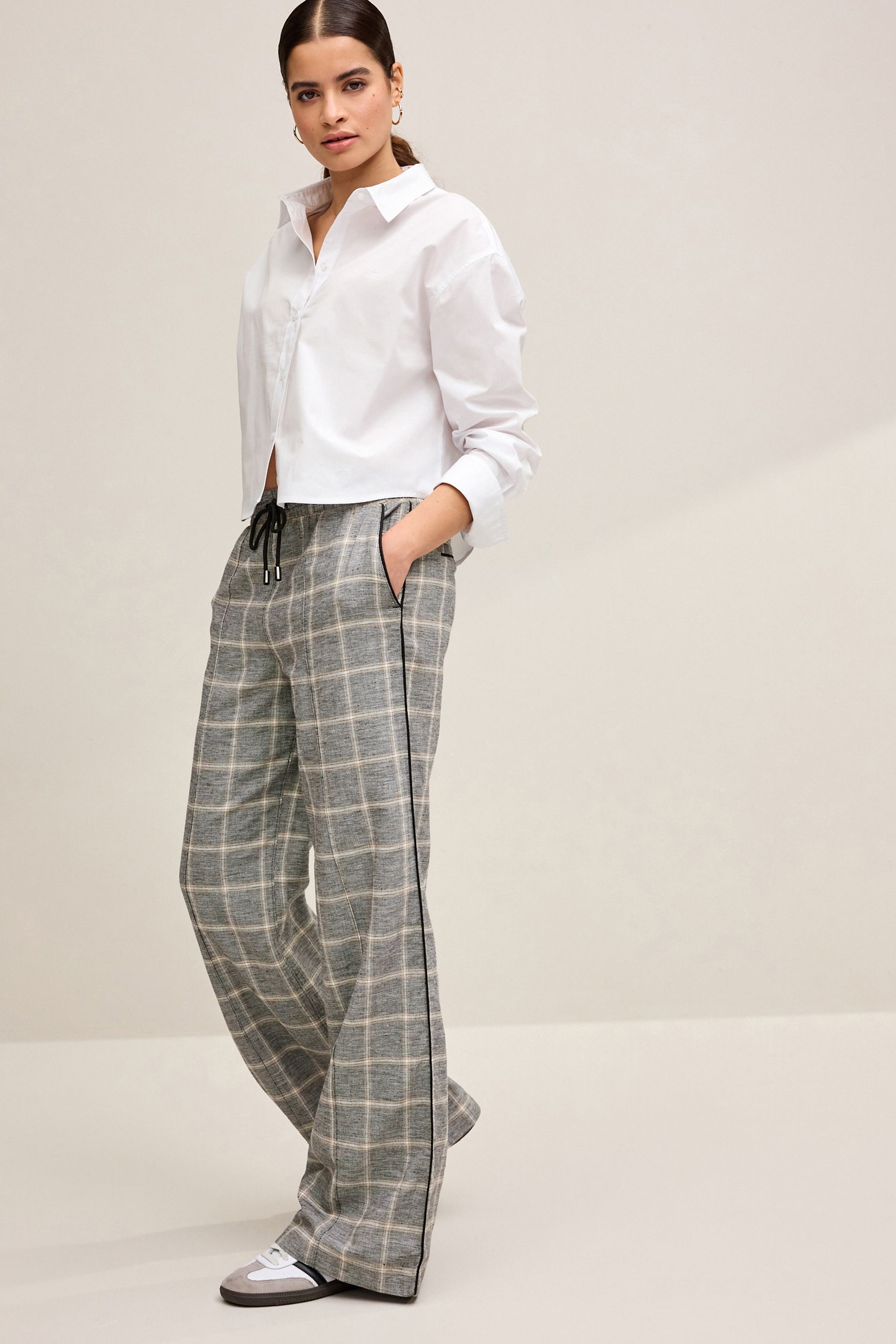 Buy Grey Check Linen Blend Side Stripe Track Trousers from Next Luxembourg