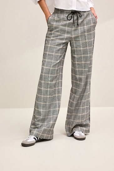 Grey Check Linen Blend Side Stripe Track Trousers