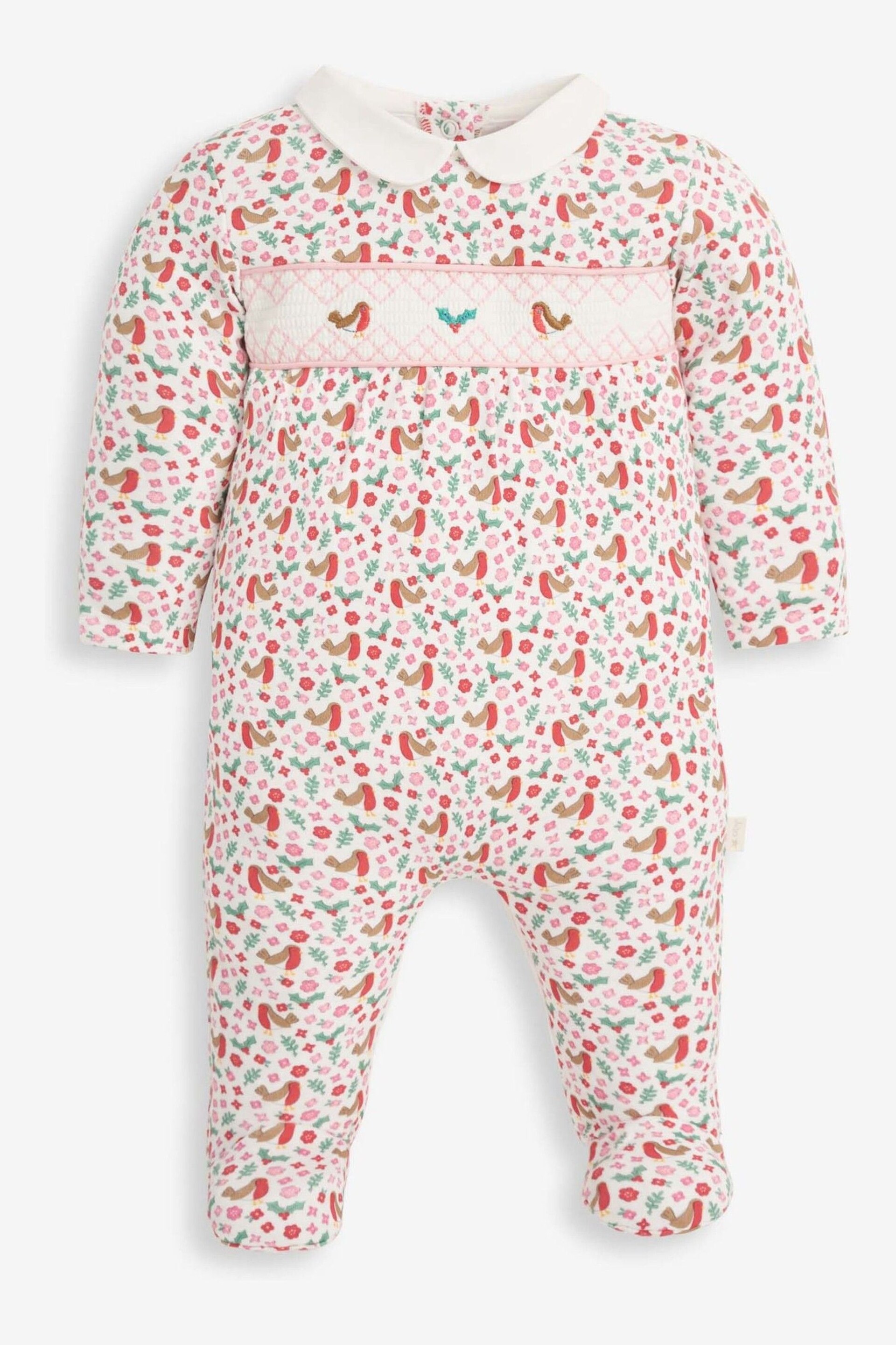 JoJo Maman Bébé Cream Robin Print Smocked Sleepsuit - Image 1 of 2