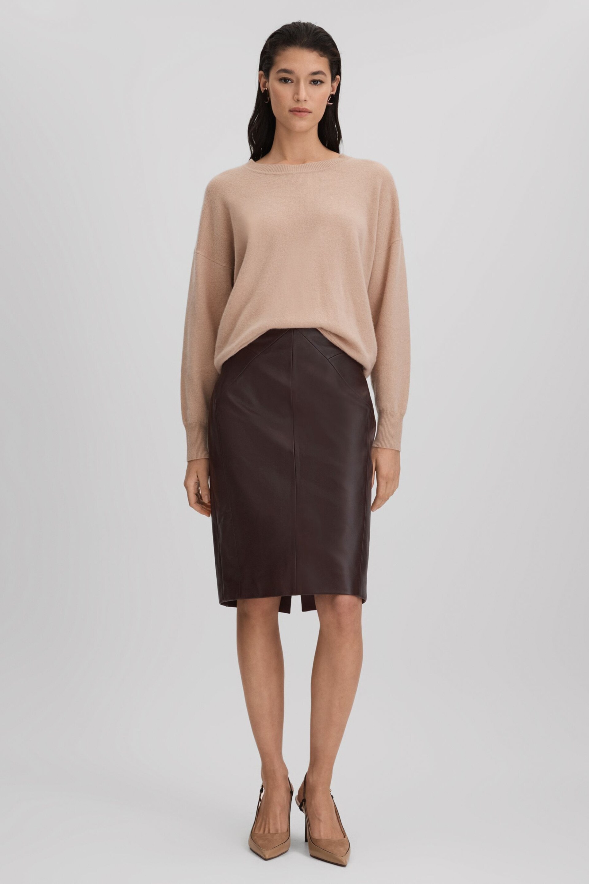 Reiss Berry Raya Leather High Rise Midi Skirt - Image 3 of 5
