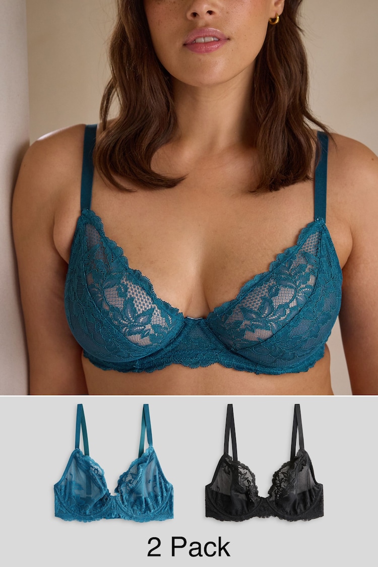 Black/Teal Non Pad Plunge DD+ Lace Bras 2 Pack - Image 1 of 9