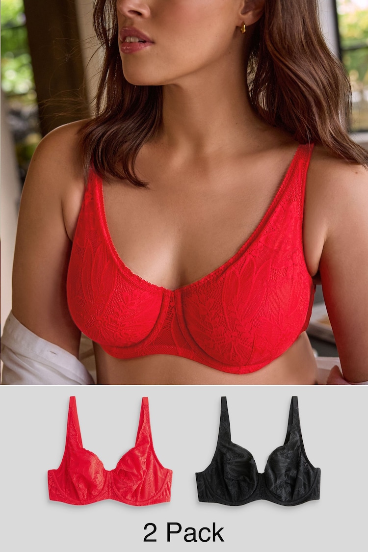 Red/Black DD+ Non Pad Full Cup Lace Detail Bras 2 Pack - Image 1 of 11