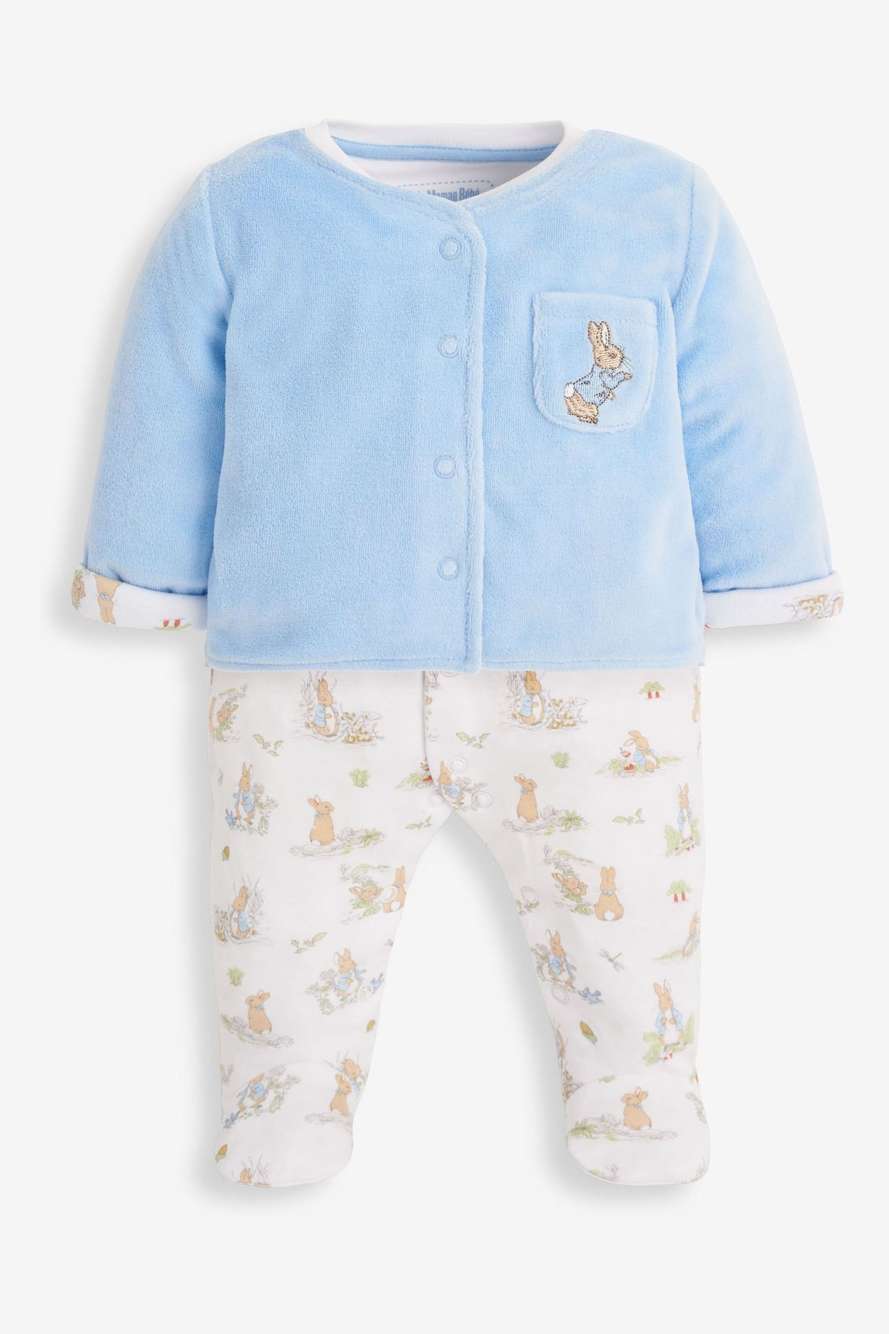 Buy JoJo Maman Bebe Blue 3 Piece Peter Rabbit Sleepsuit Jacket Hat Set from the Next UK online shop