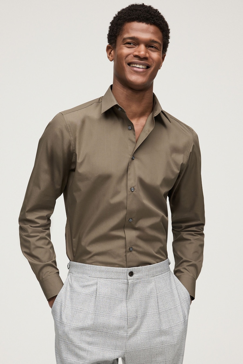 Olive Green Slim Fit Easy Care Single Cuff Shirt - Image 1 of 6