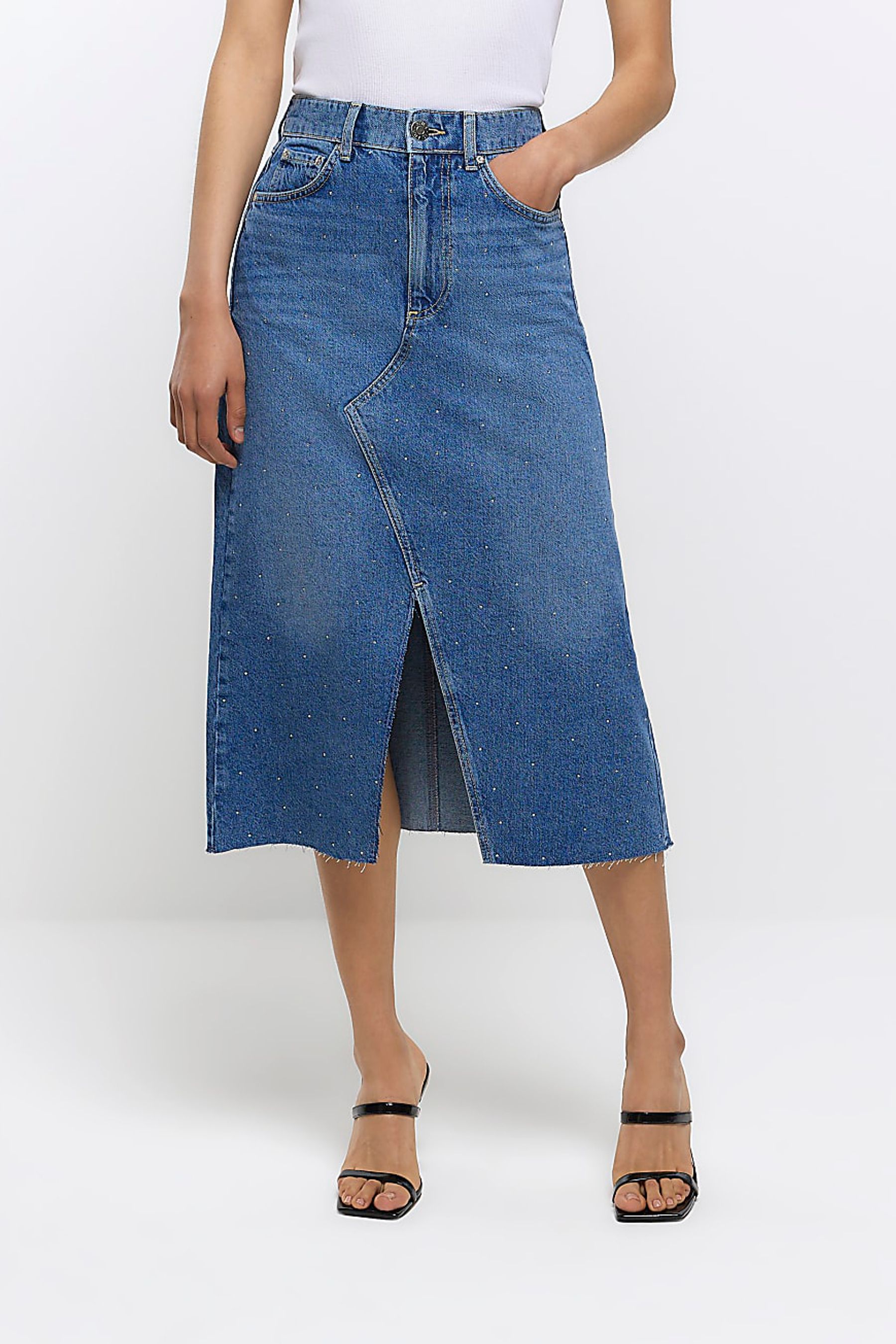 Buy River Island Blue Denim Hotfix Front Midi Skirt from Next Luxembourg