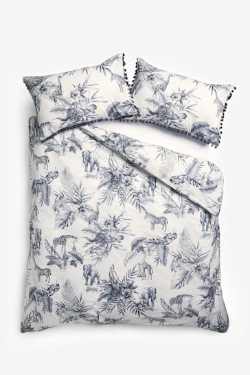 Navy Blue Floral Palm Leaf Safari Animal Duvet Cover and Pillowcase Set