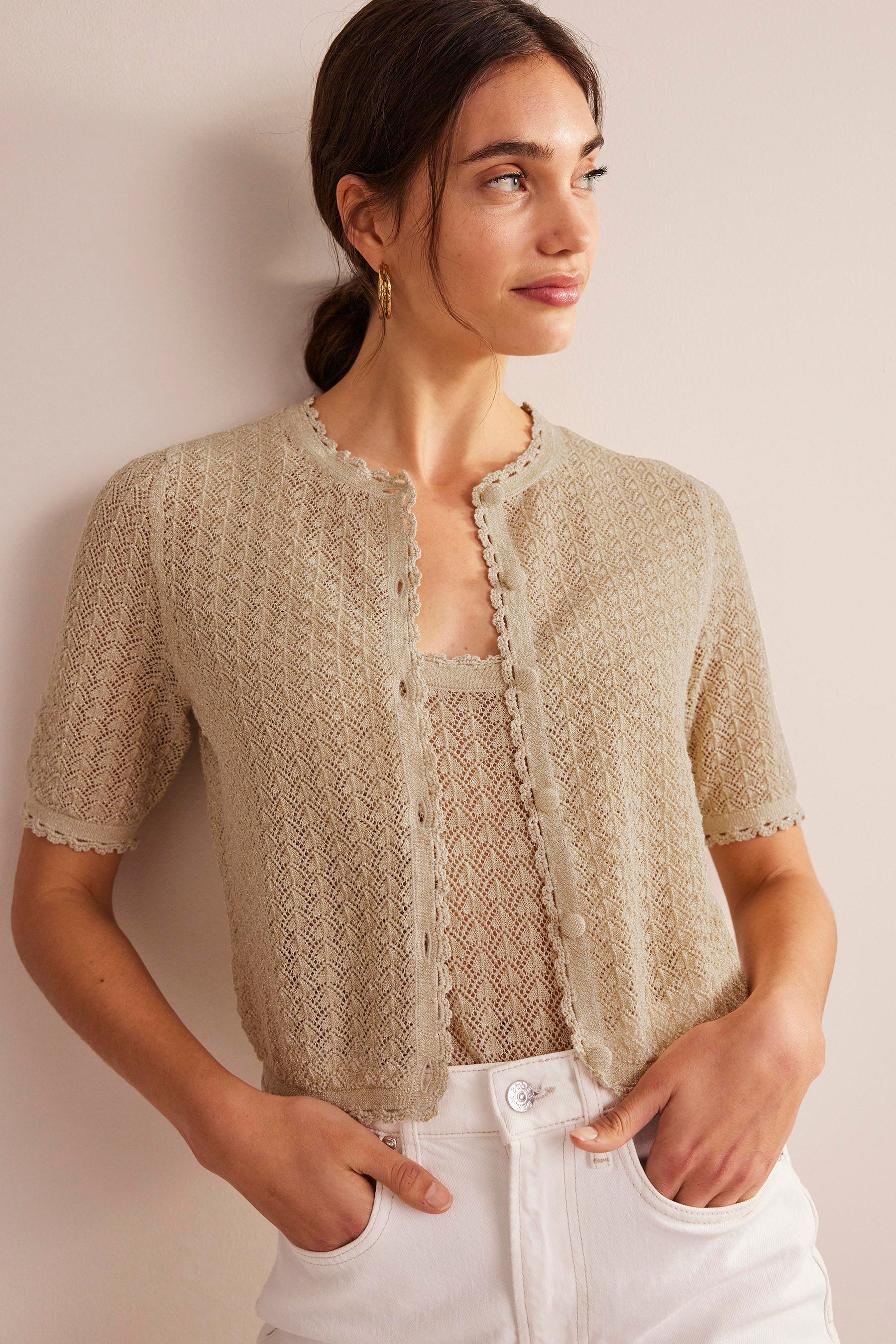 Buy Boden Gold Short Sleeve Stitch Cardigan from Next Luxembourg