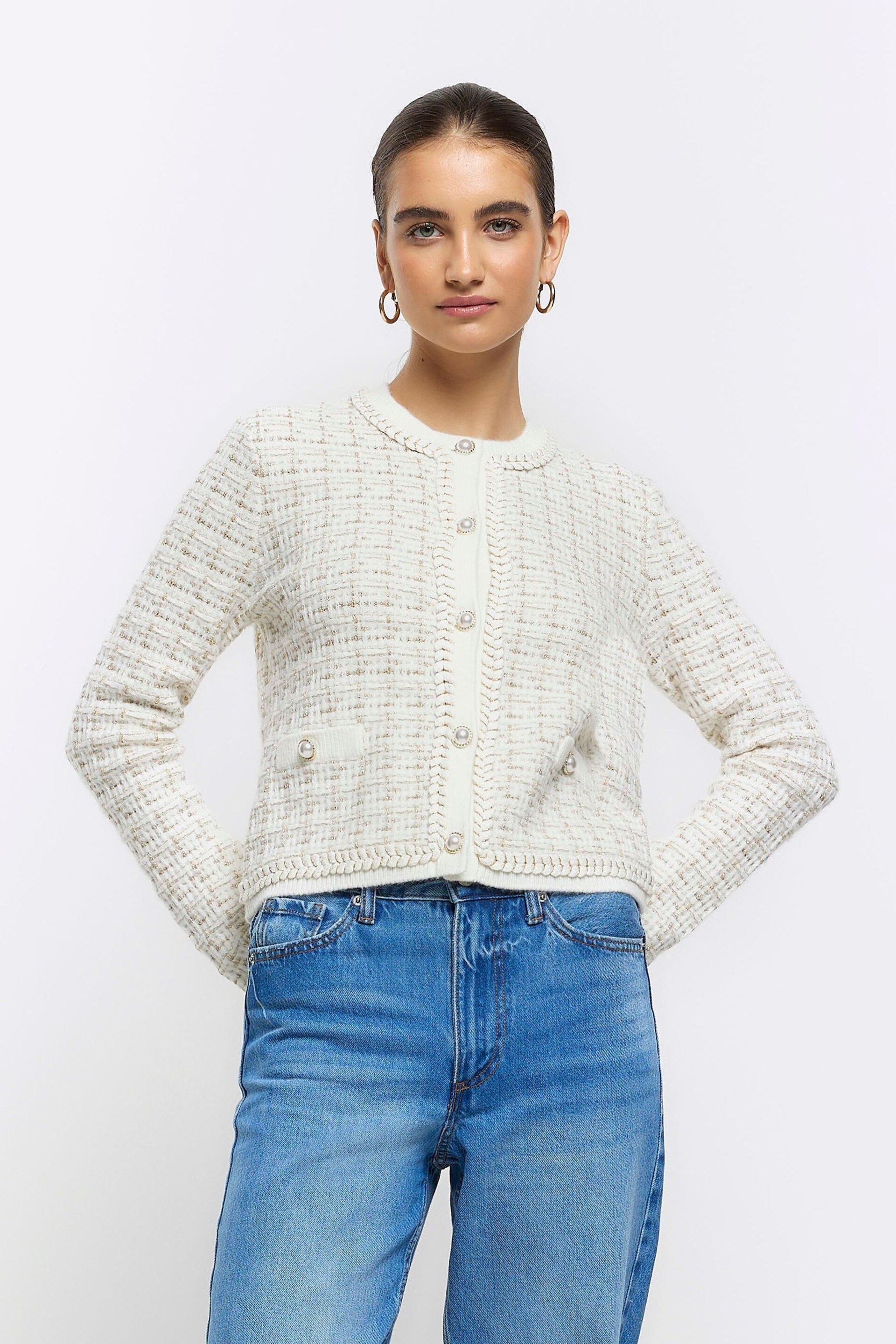 River Island Cream Boucle Cropped Knit Cardigan - Image 1 of 6