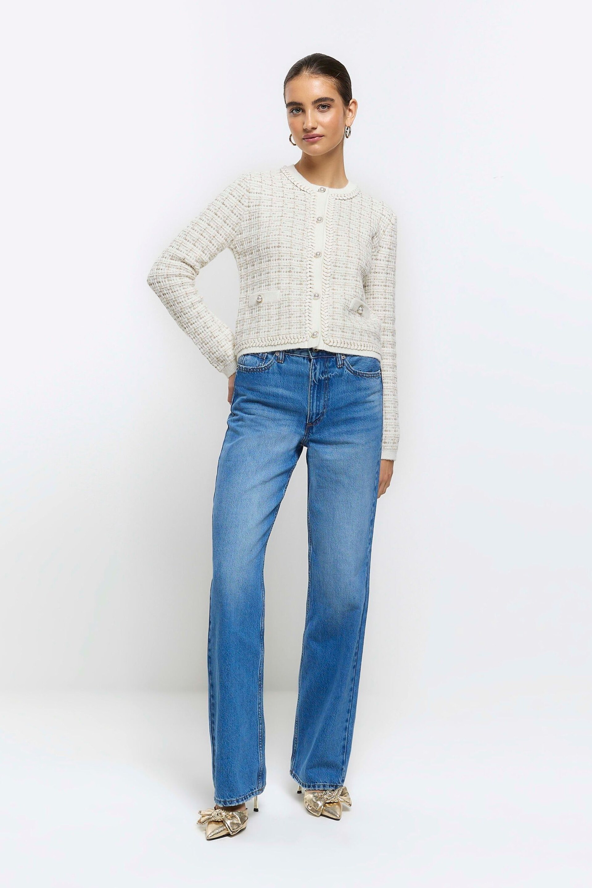 River Island Cream Boucle Cropped Knit Cardigan - Image 3 of 6