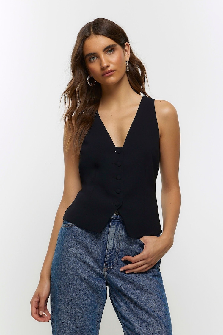 River Island Black Button Front Waistcoat - Image 1 of 6