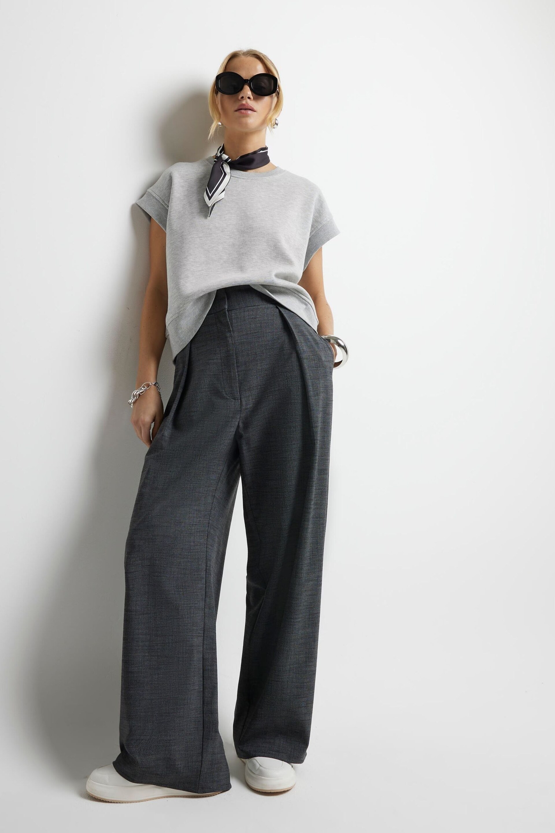 River Island Grey Wide Leg Pleated Clean Trousers - Image 1 of 6
