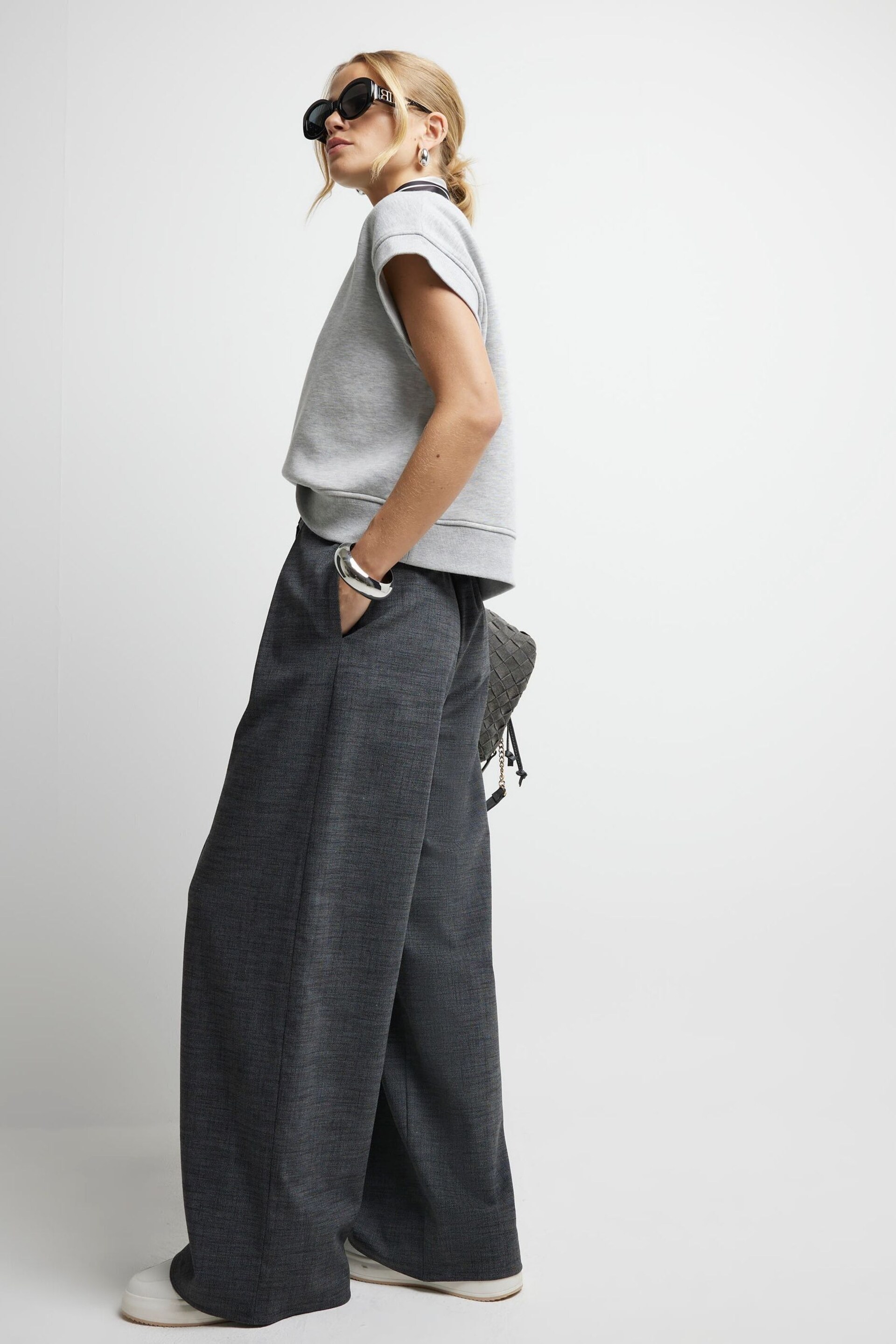 River Island Grey Wide Leg Pleated Clean Trousers - Image 2 of 6