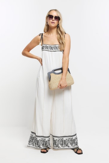 River Island Cream Embroidered Bandeau Jumpsuit