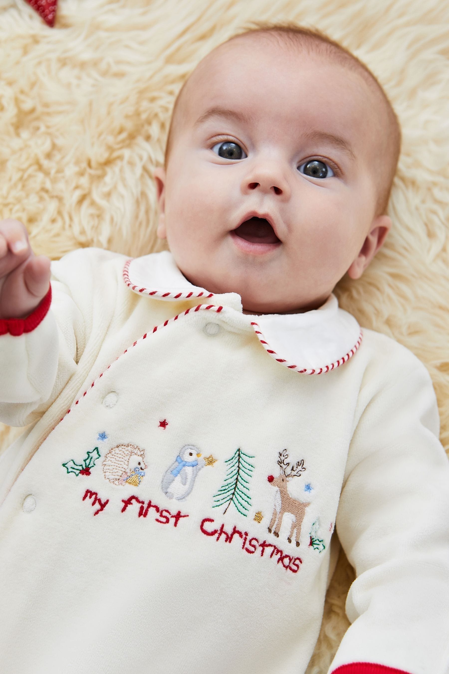 JoJo Maman B b Navy Ecru Stripe My First Christmas Appliqu Baby All In One