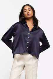 River Island Navy Satin Chopped Shirt - Image 1 of 5