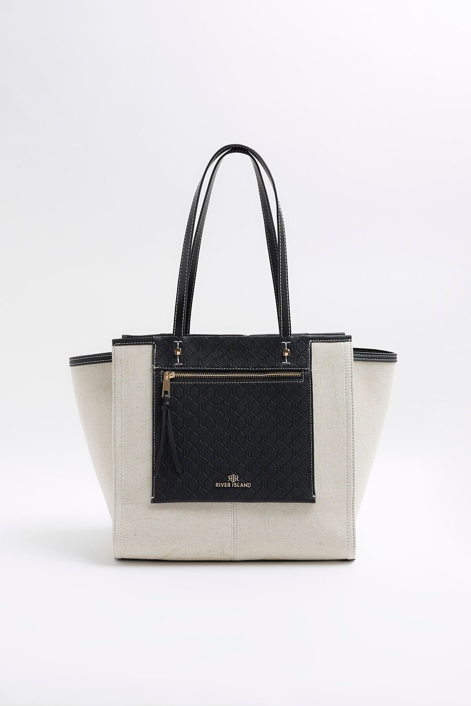 River Island Black Mono Canvas Panel Shopper Bag