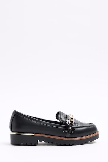 River Island Black Quilted Chain Branded Loafers