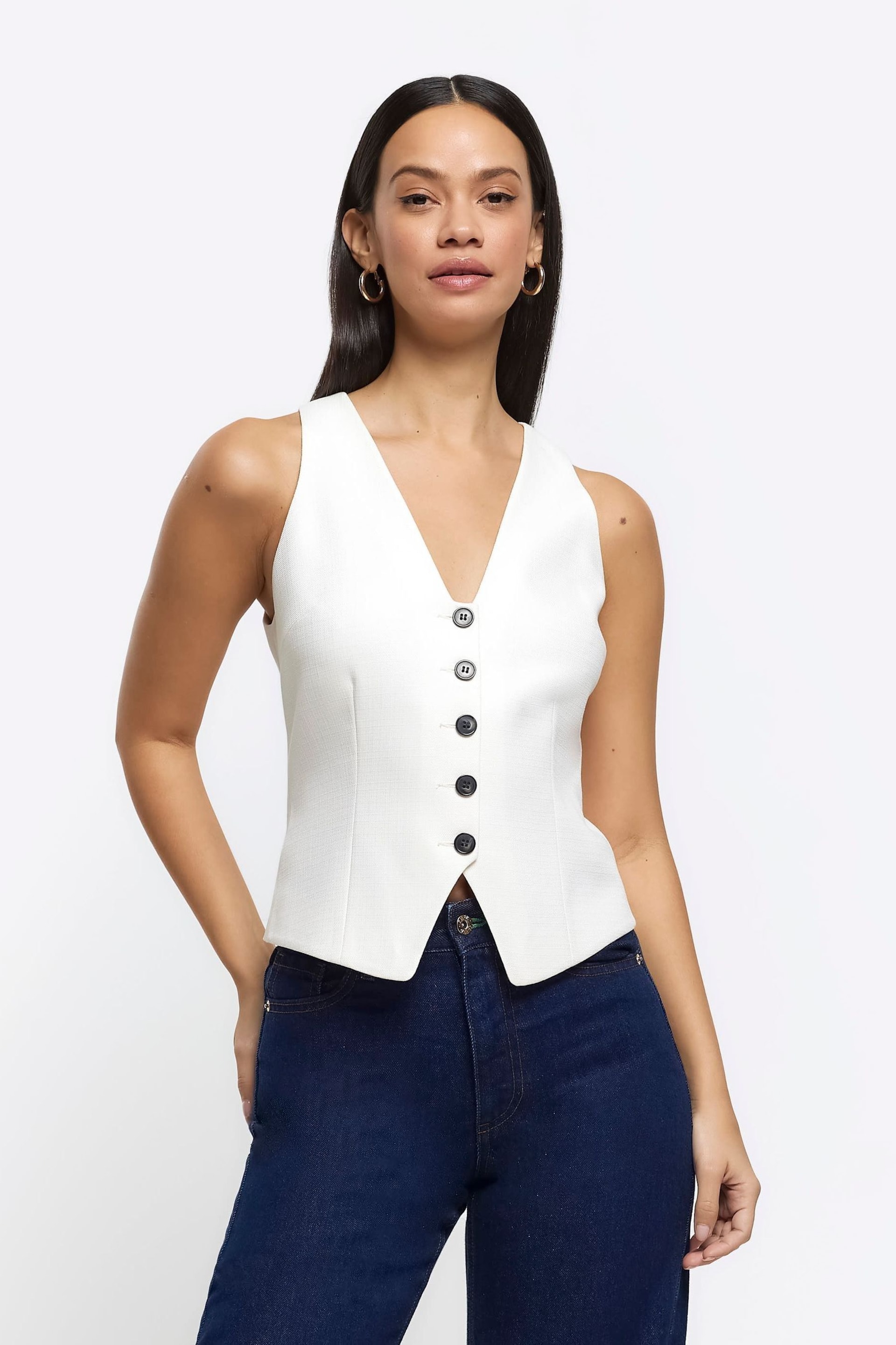 River Island Cream Button Front Tailored Waistcoat - Image 1 of 6