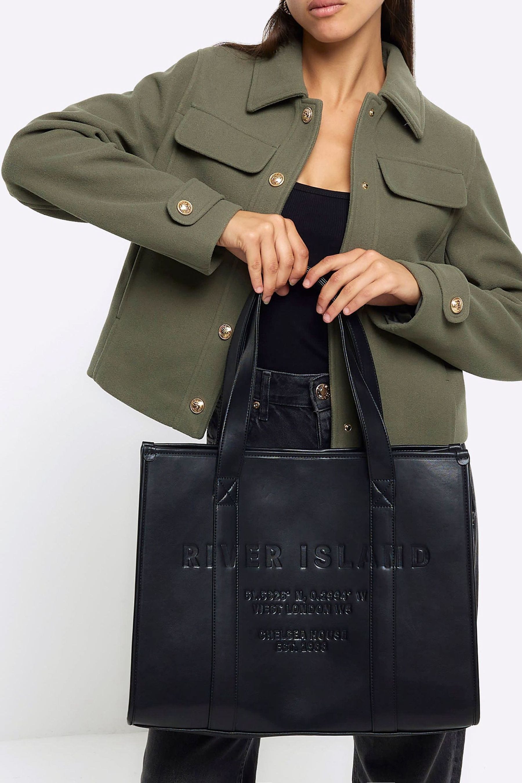 River Island Black Debossed Square Shopper Bag one Womens
