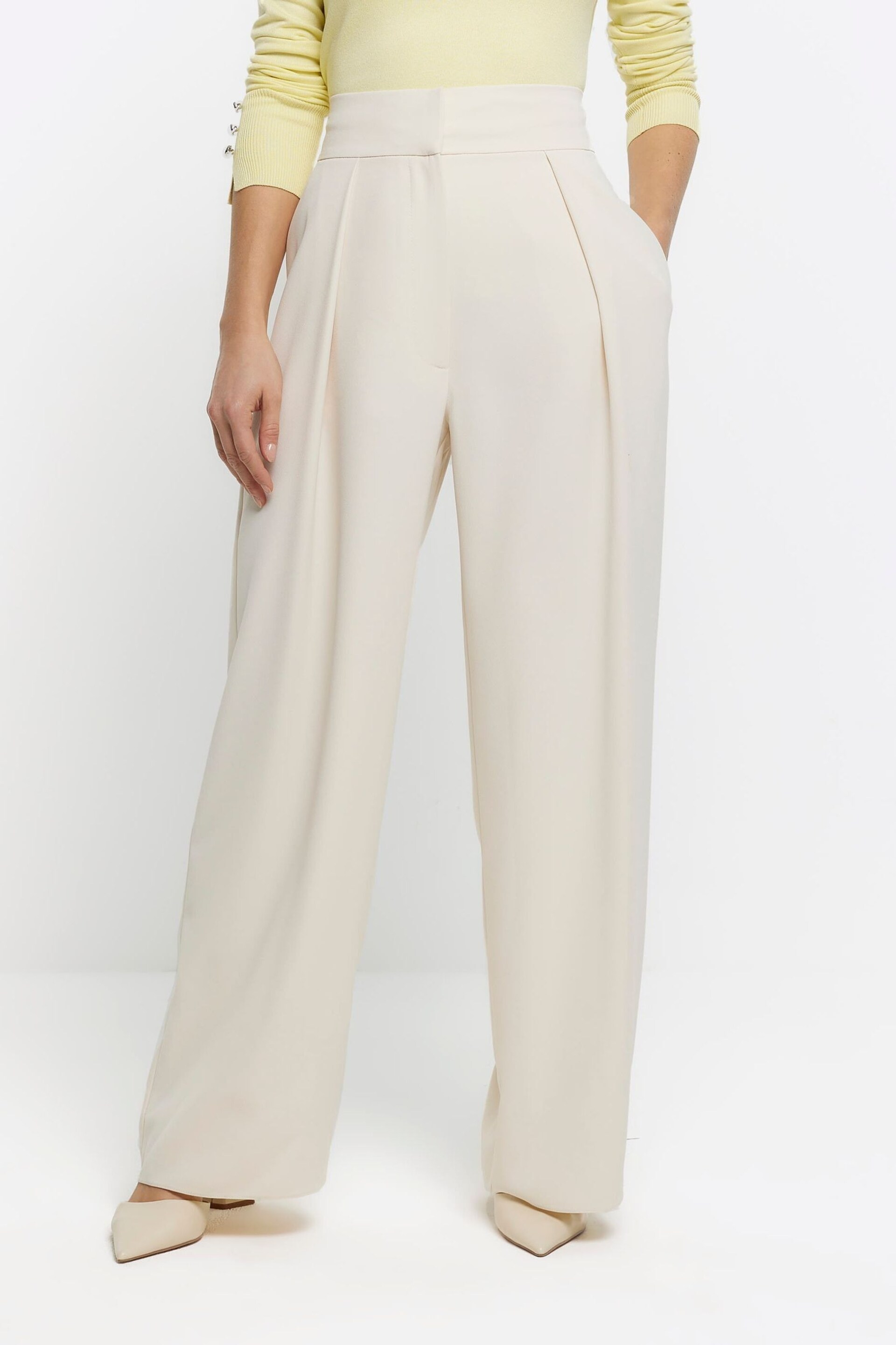 River Island Cream Wide Leg Pleated Clean Trousers - Image 1 of 6