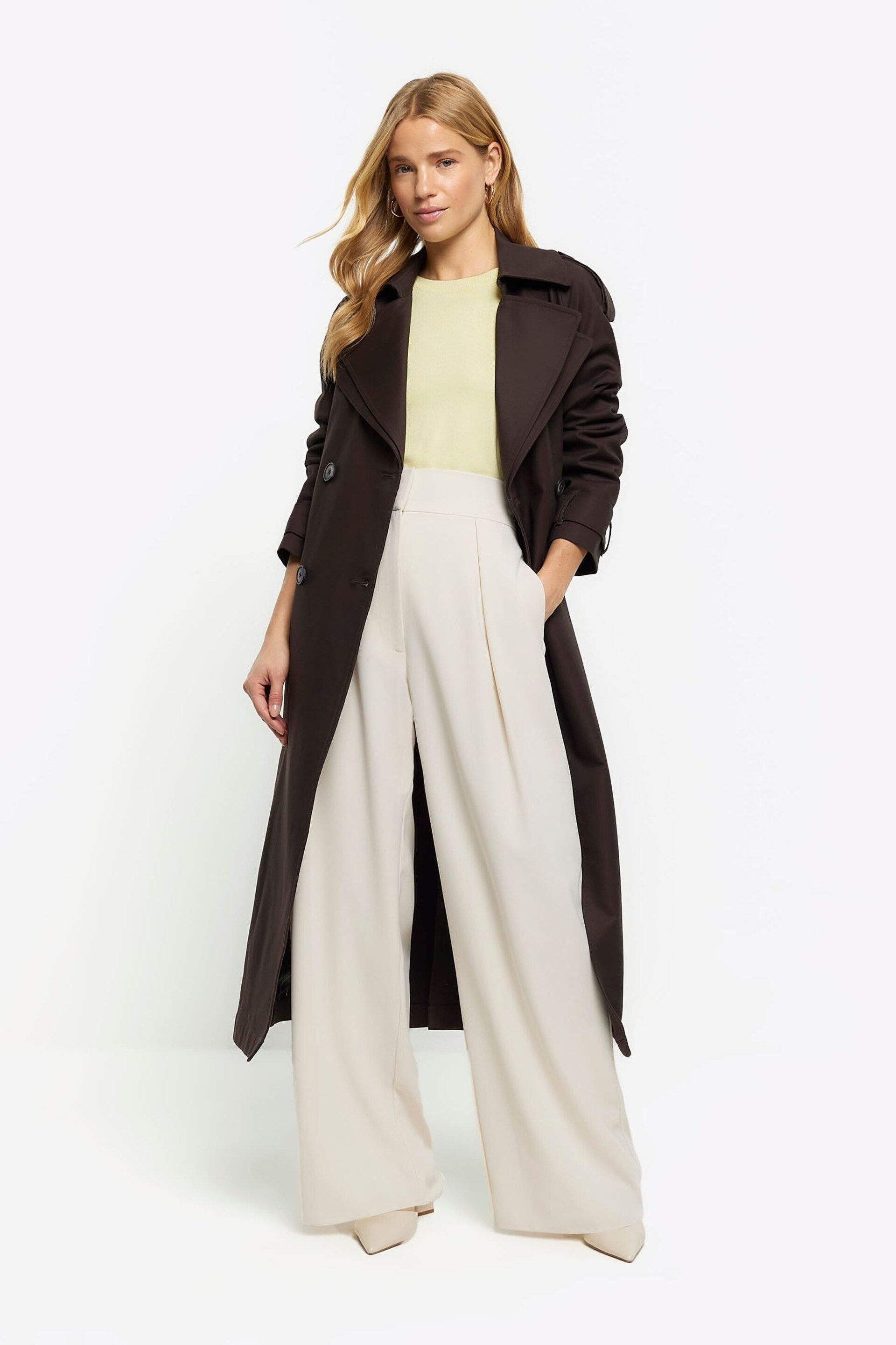 River Island Cream Wide Leg Pleated Clean Trousers - Image 3 of 6
