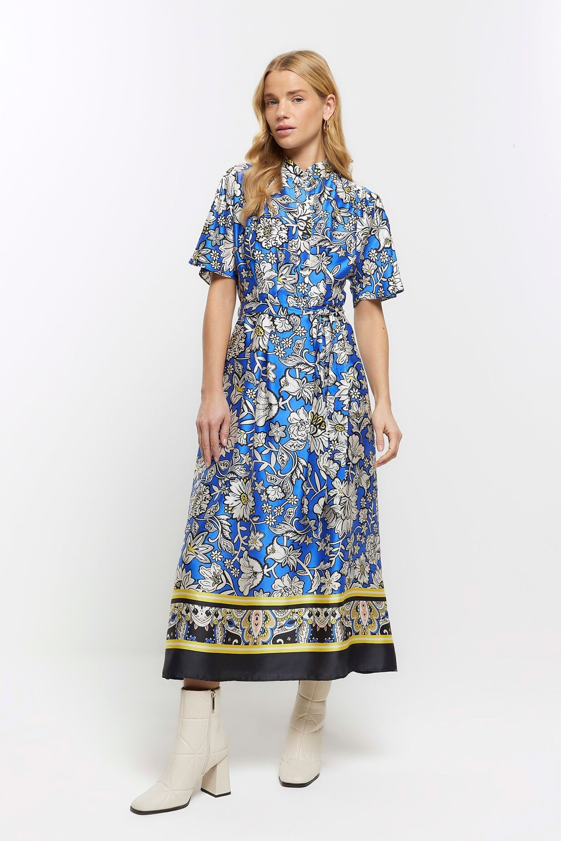 River Island Blue Printed Belted Button Shirt Dress - Image 1 of 6