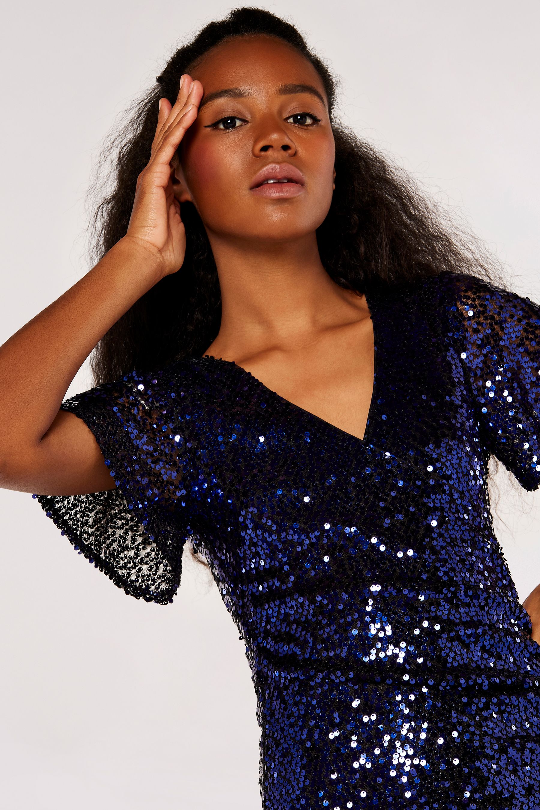Buy Apricot Navy Blue Sequin Angel Sleeve Side Ruche Dress from
