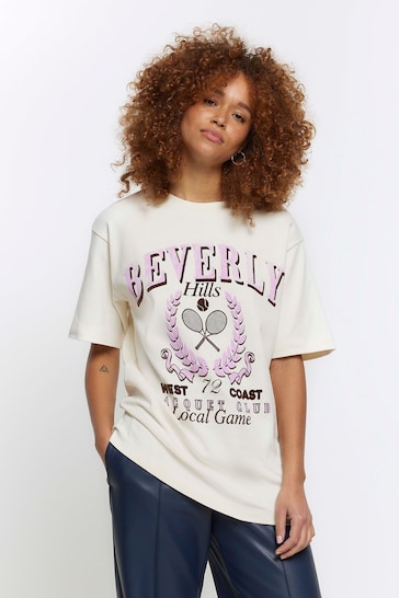 River Island Cream Beverly Print Boyfriend Fit T-Shirt