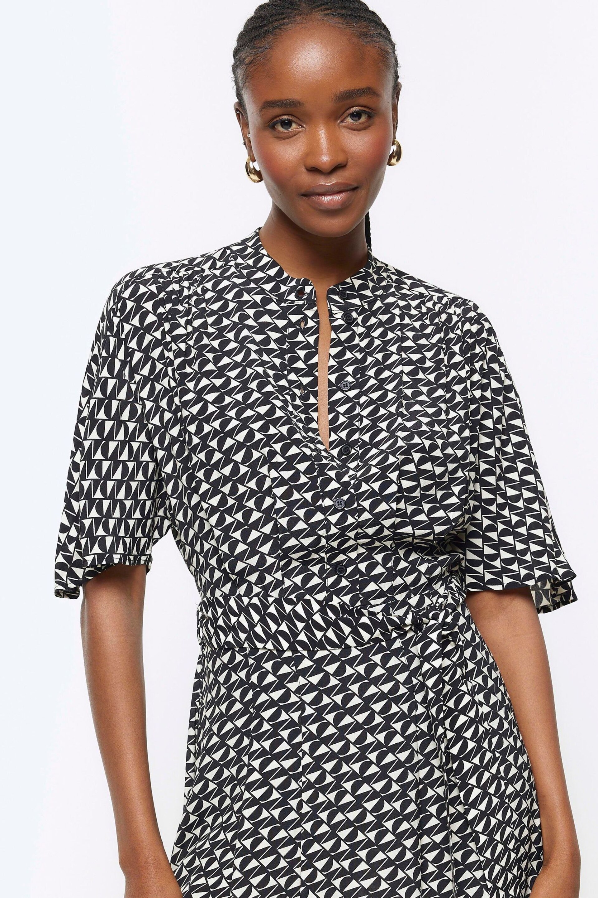 River Island Black Printed Belted Button Shirt Dress - Image 4 of 6
