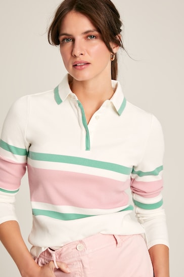 Joules Fairfield Cream, Pink & Green Long Sleeve Ribbed Polo Shirt